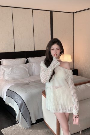 Soft Hollow Shoulder White Sweater for Women - Loose Elegant Knitted Cardigan in Lazy Style