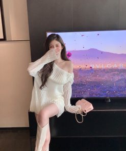 Soft Hollow Shoulder White Sweater for Women - Loose Elegant Knitted Cardigan in Lazy Style