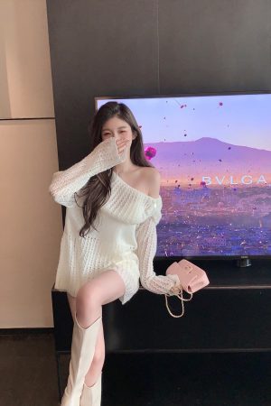 Soft Hollow Shoulder White Sweater for Women - Loose Elegant Knitted Cardigan in Lazy Style