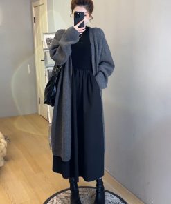 Soft Long Cardigan Sweater Set for Women - Slim Fit Dress and Knitted Cardigan Two-Piece Set, Perfect for Casual and Stylish Looks