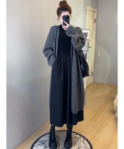 Soft Long Cardigan Sweater Set for Women - Slim Fit Dress and Knitted Cardigan Two-Piece Set, Perfect for Casual and Stylish Looks