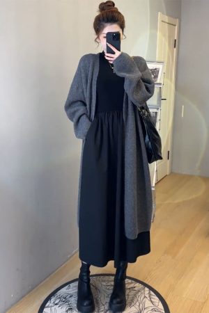 Soft Long Cardigan Sweater Set for Women - Slim Fit Dress and Knitted Cardigan Two-Piece Set, Perfect for Casual and Stylish Looks