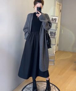 Soft Long Cardigan Sweater Set for Women - Slim Fit Dress and Knitted Cardigan Two-Piece Set, Perfect for Casual and Stylish Looks