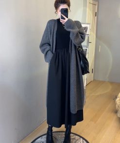 Soft Long Cardigan Sweater Set for Women - Slim Fit Dress and Knitted Cardigan Two-Piece Set, Perfect for Casual and Stylish Looks