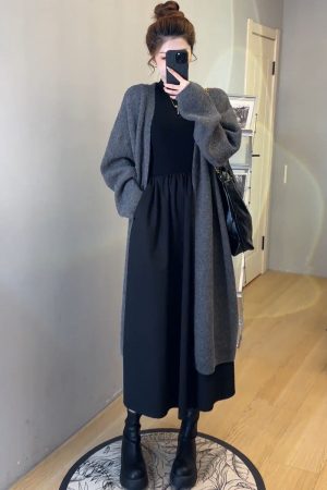 Soft Long Cardigan Sweater Set for Women - Slim Fit Dress and Knitted Cardigan Two-Piece Set, Perfect for Casual and Stylish Looks