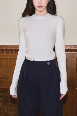Soft Mercerized Wool Blend Long Sleeve Knitted Top for Women - Half-High Collar, Skin-Friendly, Cozy Fashion Essential