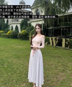 Soft Mist Off-Shoulder Long Sleeve Half-Skirt Dress - Designer Style Knitted T-Shirt for Socialite Looks - Y2K Fashion