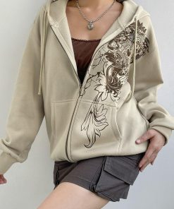 Soft Modest Outfits, Casual Spring - Fairy Grunge Floral Zip-Up Hoodie