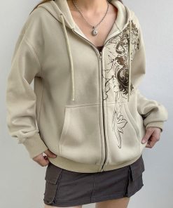 Soft Modest Outfits, Casual Spring - Fairy Grunge Floral Zip-Up Hoodie