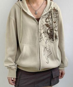 Soft Modest Outfits, Casual Spring - Fairy Grunge Floral Zip-Up Hoodie