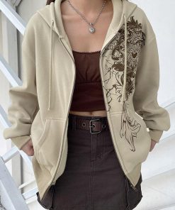 Soft Modest Outfits, Casual Spring - Fairy Grunge Floral Zip-Up Hoodie