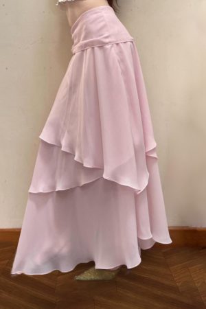 Soft Pink Layered Half Skirt with Wavy Ruffles - Romantic Vacation Long Skirt in French Style