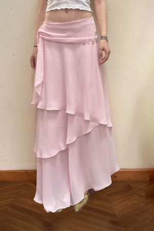 Soft Pink Layered Half Skirt with Wavy Ruffles - Romantic Vacation Long Skirt in French Style