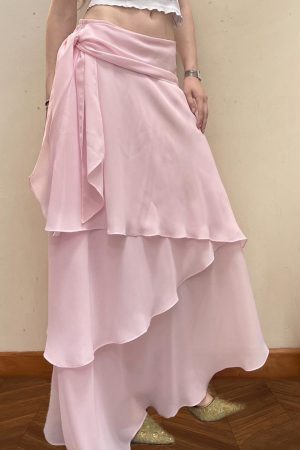 Soft Pink Layered Half Skirt with Wavy Ruffles - Romantic Vacation Long Skirt in French Style