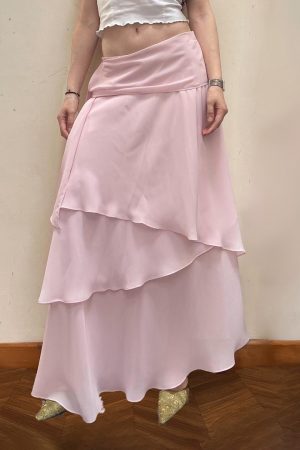 Soft Pink Layered Half Skirt with Wavy Ruffles - Romantic Vacation Long Skirt in French Style