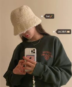 Soft Plush Milk Cap Bucket Hat - Cute Winter Accessory in Korean Style