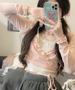 Soft Pudding Bear Ice Cream Tie-Front Cardigan - Lightweight Summer Knit for Y2K Style and Trendy Comfort