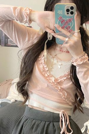 Soft Pudding Bear Ice Cream Tie-Front Cardigan - Lightweight Summer Knit for Y2K Style and Trendy Comfort