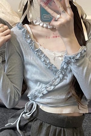 Soft Pudding Bear Ice Cream Tie-Front Cardigan - Lightweight Summer Knit for Y2K Style and Trendy Comfort