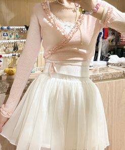 Soft Pudding Bear Ice Cream Tie-Front Cardigan - Lightweight Summer Knit for Y2K Style and Trendy Comfort