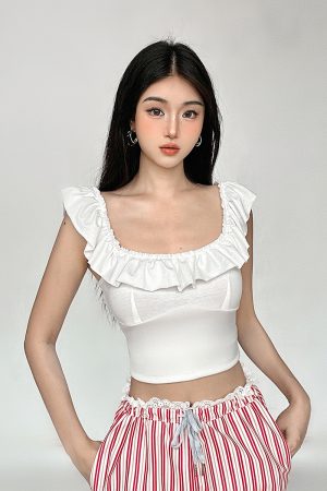 Solid Color Ruffled One-Shoulder Top for Women - French Style Slim Fit Square Neck Sleeveless Blouse, Versatile Fashion Essential