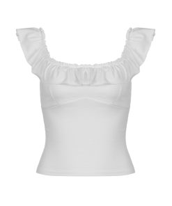 Solid Color Ruffled One-Shoulder Top for Women - French Style Slim Fit Square Neck Sleeveless Blouse, Versatile Fashion Essential