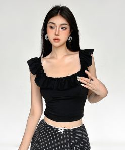 Solid Color Ruffled One-Shoulder Top for Women - French Style Slim Fit Square Neck Sleeveless Blouse, Versatile Fashion Essential