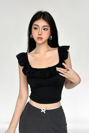 Solid Color Ruffled One-Shoulder Top for Women - French Style Slim Fit Square Neck Sleeveless Blouse, Versatile Fashion Essential