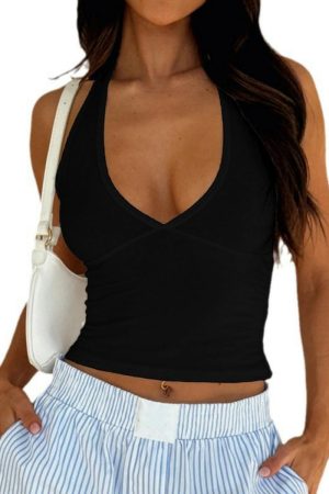 Solid Color V-Neck Halter Tank Top - 2025 Summer Casual Sportswear, Sexy Trendy Versatile Outerwear for European and American Style
