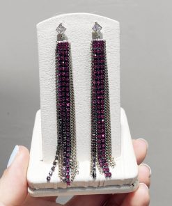 Sparkling Diamond-Encrusted Long Silver Needle Earrings with Metal Chains and 3D Tassels - Luxury Statement Jewelry