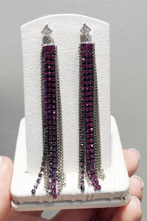 Sparkling Diamond-Encrusted Long Silver Needle Earrings with Metal Chains and 3D Tassels - Luxury Statement Jewelry