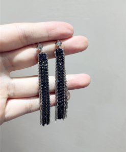 Sparkling Diamond-Encrusted Long Silver Needle Earrings with Metal Chains and 3D Tassels - Luxury Statement Jewelry