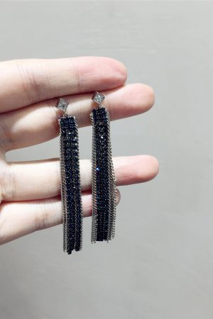 Sparkling Diamond-Encrusted Long Silver Needle Earrings with Metal Chains and 3D Tassels - Luxury Statement Jewelry