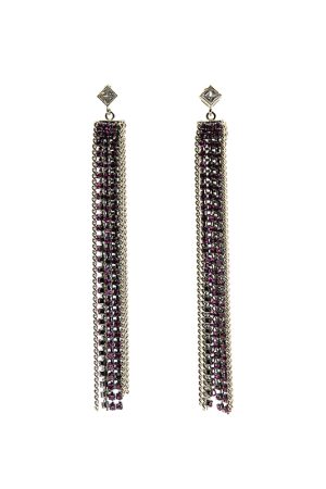 Sparkling Diamond-Encrusted Long Silver Needle Earrings with Metal Chains and 3D Tassels - Luxury Statement Jewelry