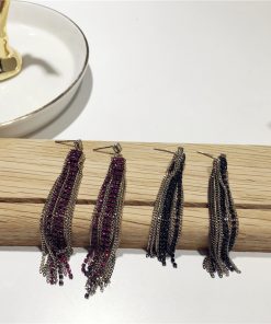 Sparkling Diamond-Encrusted Long Silver Needle Earrings with Metal Chains and 3D Tassels - Luxury Statement Jewelry