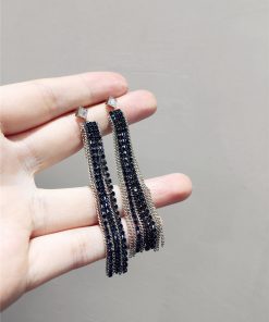 Sparkling Diamond-Encrusted Long Silver Needle Earrings with Metal Chains and 3D Tassels - Luxury Statement Jewelry