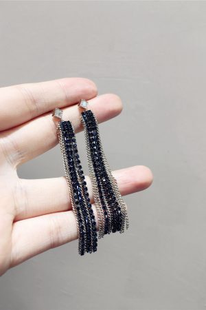 Sparkling Diamond-Encrusted Long Silver Needle Earrings with Metal Chains and 3D Tassels - Luxury Statement Jewelry