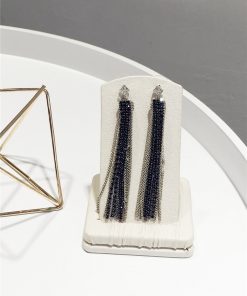 Sparkling Diamond-Encrusted Long Silver Needle Earrings with Metal Chains and 3D Tassels - Luxury Statement Jewelry