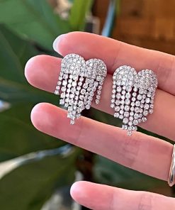Sparkling Diamond Inlaid Heart Tassel Earrings - High-End European American Design, Silver Needle, Statement Jewelry