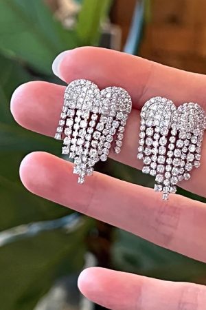 Sparkling Diamond Inlaid Heart Tassel Earrings - High-End European American Design, Silver Needle, Statement Jewelry