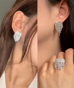 Sparkling Diamond Inlaid Heart Tassel Earrings - High-End European American Design, Silver Needle, Statement Jewelry