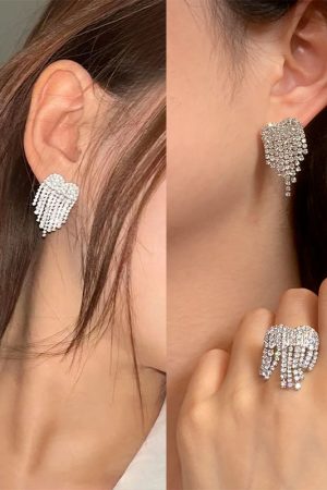 Sparkling Diamond Inlaid Heart Tassel Earrings - High-End European American Design, Silver Needle, Statement Jewelry