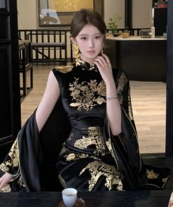 Sparkling Gold-Plated Qipao Evening Dress for Women - High-End Quality, Autumn Winter Style, Modern Chinese Design