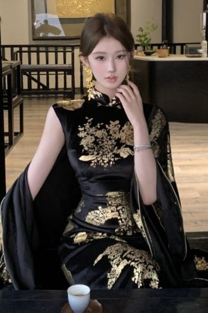Sparkling Gold-Plated Qipao Evening Dress for Women - High-End Quality, Autumn Winter Style, Modern Chinese Design