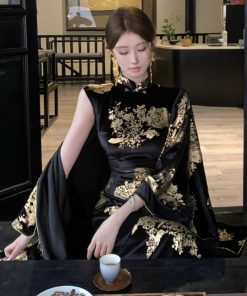 Sparkling Gold-Plated Qipao Evening Dress for Women - High-End Quality, Autumn Winter Style, Modern Chinese Design