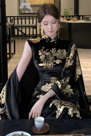 Sparkling Gold-Plated Qipao Evening Dress for Women - High-End Quality, Autumn Winter Style, Modern Chinese Design