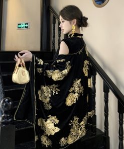 Sparkling Gold-Plated Qipao Evening Dress for Women - High-End Quality, Autumn Winter Style, Modern Chinese Design
