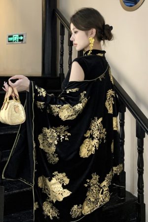 Sparkling Gold-Plated Qipao Evening Dress for Women - High-End Quality, Autumn Winter Style, Modern Chinese Design