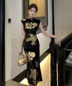 Sparkling Gold-Plated Qipao Evening Dress for Women - High-End Quality, Autumn Winter Style, Modern Chinese Design