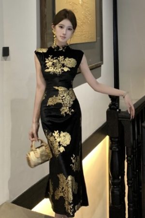Sparkling Gold-Plated Qipao Evening Dress for Women - High-End Quality, Autumn Winter Style, Modern Chinese Design